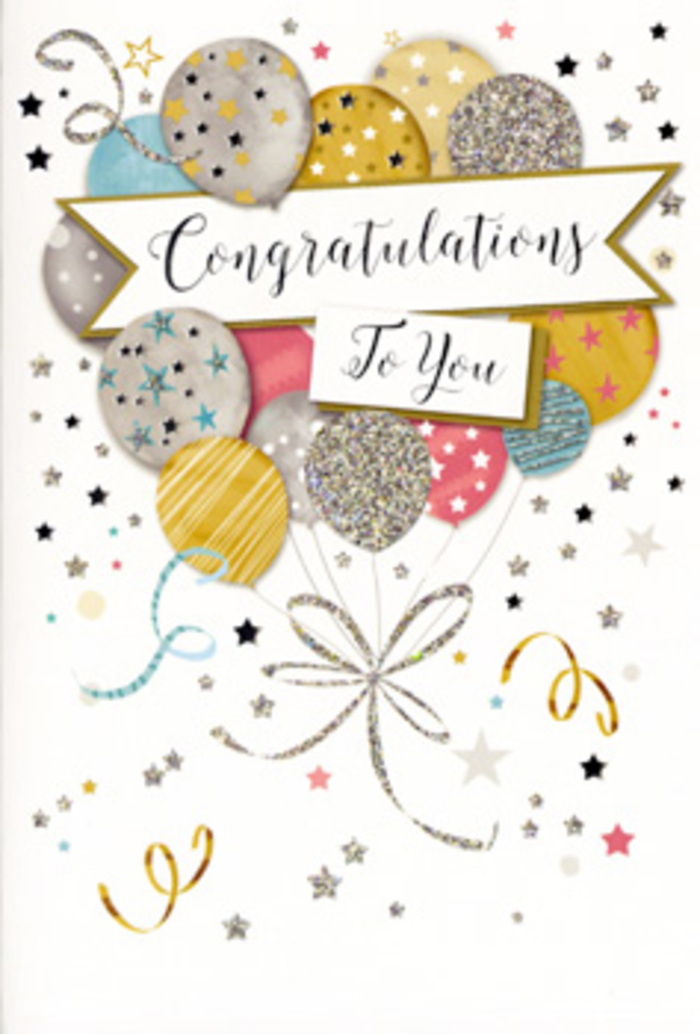 This congratulations card design feels like a quiet, sparkling celebration, the kind you might imagine unfolding in a cosy Queen's Park living room when good news arrives. The artwork centres on a gathered cluster of balloons that seem to gently rise through the middle of the card, overlapping one another to form a full, rounded composition. Their colours are soft yet luxurious: metallic gold, brushed silver, warm champagne, cool sky blue, tender blush pink, and subtle grey. Each balloon carries its own decorative detail-some are scattered with tiny stars, others dressed in slim, elegant stripes or dotted patterns, while several have areas of fine glitter that catch the light, recalling twinkling fairy lights along a nearby terrace. From the base of each balloon, slender ribbons stream down in shimmering gold and silver, curling and looping in relaxed spirals that meet towards the bottom portion of the design, adding a sense of movement and grace. Gently slicing through the centre of this balloon bouquet is a refined banner, slightly arched, edged with delicate scrolls, and inscribed with Congratulations To You in flowing, calligraphic lettering. The script feels intentionally crafted, like a personal note from someone proud of your achievement. The background remains pale and uncluttered, softly animated by scattered metallic stars, dots, and curling confetti-like motifs that appear to drift around the balloons, enhancing the festive feel without distracting from the central message. Overall, the impression is airy, sophisticated, and full of joy-perfect for accompanying flowers delivered in Queen's Park for exam celebrations, promotions, or personal milestones. It is the sort of card that quietly amplifies the emotion of the moment, much like a thoughtfully chosen bouquet.