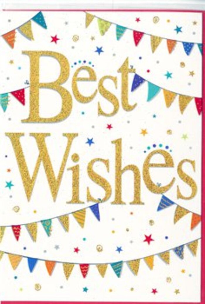 The photograph showcases a beautifully designed Best Wishes card that captures the spirit of joyful celebration, much like the relaxed yet vibrant atmosphere around Queen's Park on a sunny weekend. The card itself is set against a crisp, white backdrop, which gives every detail room to breathe and makes the colours appear especially vivid. In the middle, the words Best Wishes are written in elegant, looping script, the letters formed from a glistening gold material that reflects light with a soft, luxurious gleam. This central message feels warm and sincere, with each curve of the letters suggesting care and intention. Surrounding the wording are strands of party bunting that arc from side to side, transforming the card into a miniature street-party scene. The bunting is made up of small triangular flags in an array of bright colours-deep blue, cherry red, emerald green, golden yellow, and lively turquoise-many adorned with tiny patterns such as stripes, polka dots, or delicate mosaic arrangements. These details evoke the charm of handmade decorations you might see at a local community celebration near Chamberlayne Road. Dotted among the bunting and words are little stars and confetti spots in matching hues and hints of gold, some like tiny fireworks, others like scatterings of colourful paper drifting through the air. The composition feels dynamic yet harmonious, conveying a sense of movement without ever appearing cluttered. Everything about the card whispers congratulations and shared delight, making it a wonderfully versatile choice for sending good luck, marking an achievement, or encouraging a loved one embarking on something new in the Queen's Park area, especially when paired with fresh, seasonal flowers.