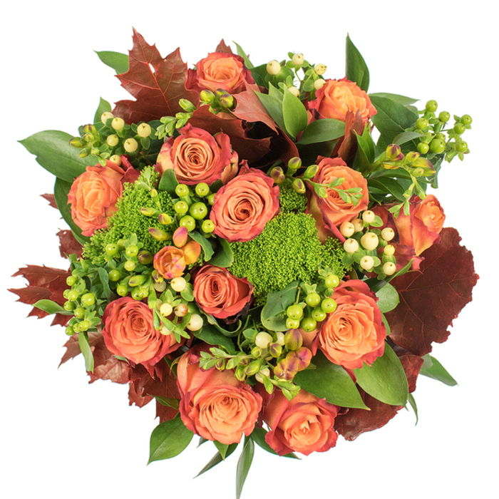 Captured from above, this densely packed, circular bouquet presents a studied harmony of autumn tones and textures: the composition is anchored by many large, fully bloomed roses whose petals shift from a warm peach at the core through coral-orange to subtle russet at the outer edges, producing a gentle ombré like leaves changing colour. Nestled between those focal blooms are clusters of small, waxy Hypericum berries-some crisp, almost neon lime green, others a pale creamy yellow-that provide precise points of contrast and a polished, jewel-like texture. Patches of Green Trick dianthus, verdant and cushiony, read almost like miniature green mosses, their spongy texture offering a tactile counterpoint to the roses' velvety surfaces. Broad, glossy green foliage fills and frames the arrangement, while larger lobed leaves in deep burgundy and burnt orange are arranged with intent to emphasise the seasonal story and add sculptural breadth. The lighting here is soft and even, allowing the complex interplay of tones and surfaces-matte petals, glossy berries, velvety dianthus, burnished leaves-to register clearly and produce a feeling of abundance. This bouquet is suited to autumnal occasions: an elegant Thanksgiving centrepiece, an autumn wedding table display, or a considered seasonal gift for friends in Queen's Park, Kilburn and Kensal Rise. The craftsmanship reveals itself in the careful placement of colour and texture so each glance reads as generous and composed, inviting viewers to appreciate both the tactile variety and the warm, comforting mood of the fall season.