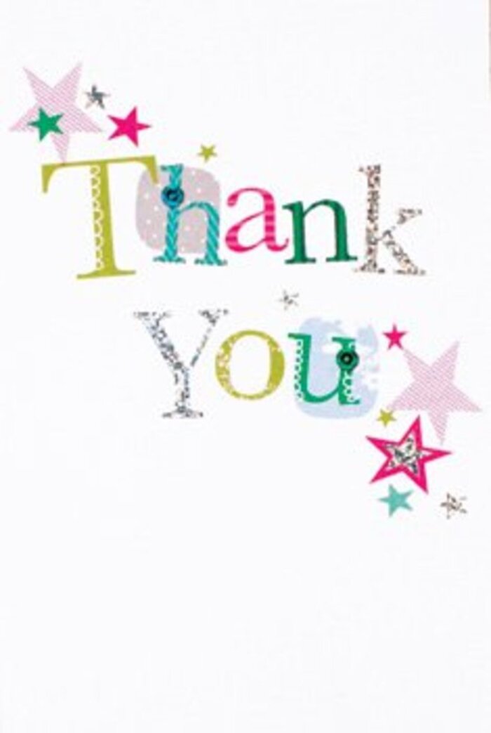 The elegant flow of this thank you card's lettering feels right at home within the community-centric atmosphere of Queen's Park. The hand-scripted phrase 'Thank You' unfolds with subtle exuberance-a parade of characters, some adorned with whimsical spots or flowing curves, others marked by subtle, sophisticated grace. Each letter radiates its own vibrant spirit: stripes of sparkling pink, waves of turquoise blue, and gleams of cool silver recall the mosaic of Queen's Park's cultural life. Clusters of stars, each filled with shimmering hues, gather near the text as if bestowing extra cheer-remnants of the stardust after music evenings beside the bandstand. The arrangement is airy and contemporary, with space left for every detail to breathe, echoing the open expanses and relaxed elegance of the park's shaded paths. The design, striking a balance between formality and ease, is well-suited for any gratitude-filled occasion, whether it be a thank you after a local event or a gesture to a thoughtful friend. The tactile, gentle texture of the cardstock invites mindful touch, and the card itself would be a memorable companion to a floral arrangement from Queen's Park Florist, available for same-day delivery throughout NW6. Its impression is universal-a flourish of appreciation that lingers like the softest fragrance of freshly cut blooms.