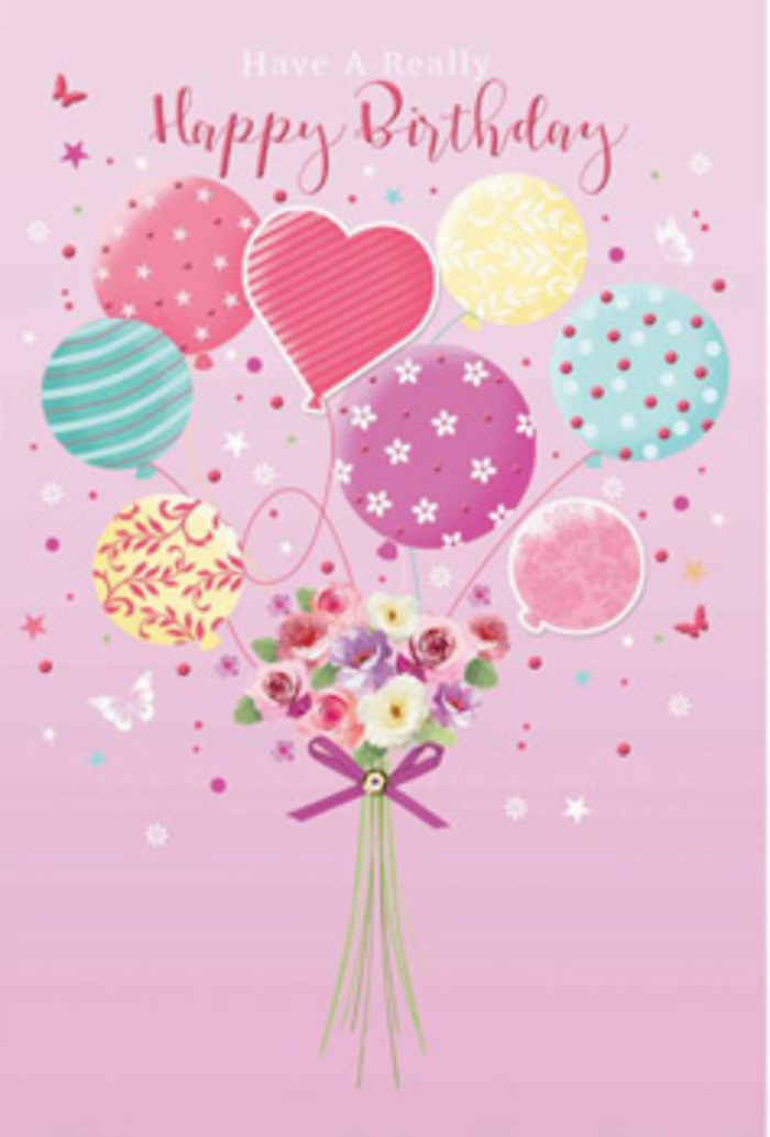 There is a sense of gentle jubilation in this floral birthday illustration, as though a private celebration were quietly unfolding above the tree-lined streets of Queen's Park. The background is a soft, rosy pink that wraps the scene in warmth. At the bottom, a hand-tied bouquet rests as the foundation of the design, made up of petite roses and daisy-like blossoms whose petals transition from cream at the centre to blush and rose pink at the tips, like flowers kissed by the first light streaming through a Queen's Park townhouse window. The stems are carefully gathered and secured with a purple bow, the satin ribbon forming a tidy knot that glows with a subtle sheen. Rising from this bouquet is a cluster of light, pastel balloons, seemingly lifting the little garden skyward in celebration. The balloons are washed in pale sunshine yellow, soft fuchsia, minty green, and lavender, each one adorned with playful patterns-twisting stripes, scattered polka dots, and tiny floral accents-that add movement and character. Whimsical butterflies and star-like details hover around the balloons and flowers, creating the impression of a garden party suspended in time, as if the whole arrangement were floating above the park's ornamental gardens. Light falls gently across the piece, enhancing the depth of the petals and the gloss of the balloons, and giving the overall artwork a softly glowing, three-dimensional feel. It's a design that seems to whisper happiness and thoughtfulness, perfectly suited to accompany a birthday bouquet delivered just around the corner, whether to a home on Salusbury Road or a cosy flat overlooking Queen's Park itself.