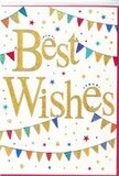 In this close-up image, a festive Best Wishes card radiates the same cheerful energy you might feel walking through Queen's Park on a bright, busy afternoon. The card's surface is a smooth, vivid white, providing a clean stage for the celebratory artwork. Dominating the centre, the words Best Wishes appear in a graceful, flowing script, rendered in gleaming gold that looks as though it could be foil or fine glitter sealed under a glossy finish. The letters are slightly elevated, giving the impression they could be traced gently with a fingertip for a tactile experience. Curving above and below the message, several strings of colourful bunting stretch across the card in soft arcs, evoking party decorations strung across a local garden or café terrace along Salusbury Road. Each small triangular flag is painted in bright, lively shades of blue, red, yellow, green, and pink, and many include tiny decorative elements like dots, stripes, and subtle geometric designs that bring a handcrafted charm to the piece. Scattered around the bunting and lettering are small star shapes and rounded confetti dots in coordinating colours and warm gold, making it look as though someone has released a handful of confetti into a gentle breeze. These scattered details add a sense of light-hearted motion and joy, yet the balanced composition and ample white space keep the overall effect polished and calm. The card feels wonderfully adaptable, suitable for everything from congratulating a new graduate to wishing someone luck in a new home or job, especially when nestled beside a fresh floral delivery from a trusted Queen's Park florist.