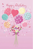 This birthday card-style illustration captures a whimsical celebration in pastel tones, full of the quiet charm that suits Queen's Park so well. The scene is set on a soft pink background that feels tender and inviting, like the sky just before sunset. At the base sits a charming hand-tied bouquet, packed with delicate roses and anemone-like blossoms in creamy ivory, blush, and muted mauve. Their petals look feathery and soft, layered in gentle gradients of colour that suggest an experienced florist's careful eye. The stems are bound neatly with a violet satin bow, its smooth texture catching the light with a subtle shine. From this bouquet rises a cluster of balloons, appearing to float upward as if carrying birthday wishes above the rooftops. Each balloon has its own personality: some are wrapped in candy-coloured stripes, others sprinkled with playful polka dots, and one stands out as a heart-shaped balloon, radiating affection from the centre of the display. The colour palette is entirely pastel-pinks, greens, yellows, and lilacs blending harmoniously, like reflections in a shop window on Chamberlayne Road. Tiny stars and delicate butterfly motifs are scattered around the balloons, adding a sense of magic and movement, as though a gentle breeze from Queen's Park had stirred the air. The overall mood is light, airy, and joyfully festive, perfectly suited to accompany same-day birthday flowers making their way through the local streets, turning an ordinary greeting into a moment that feels both personal and enchanting.